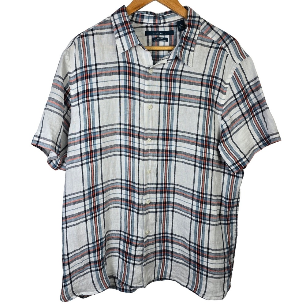Perry Ellis XL 100% Linen Plaid Short Sleeve Button‎ Up Shirt Mens Casual